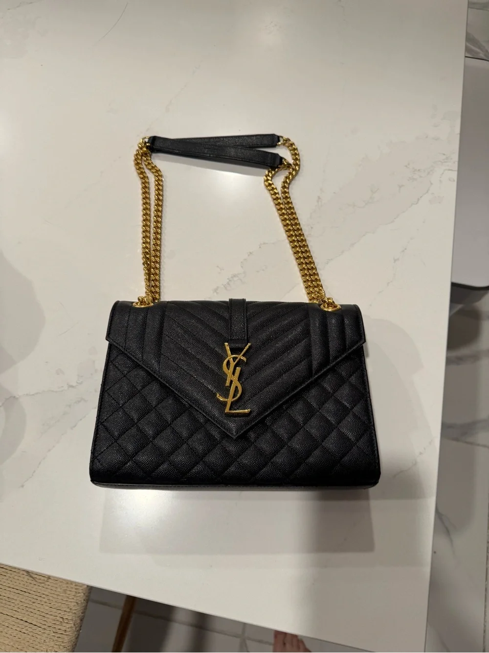 Saint Laurent Black Quilted Leather Shoulder Bag with Gold Chain Caviar YSL